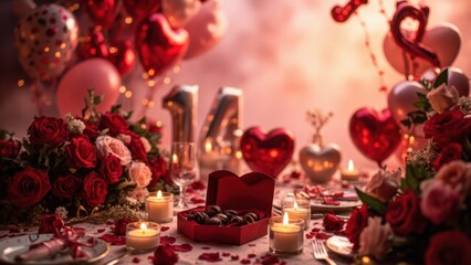 valentine party table with heart decorations and roses