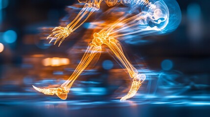 dynamic silicon skeleton of a running human in motion with neon highlights