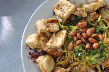 Ketupat Tahu is served on a plate as a typical Central Javanese Indonesian food.