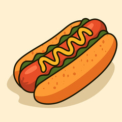 Flat Design Cartoon Hotdog Vector Illustration with Mustard Topping