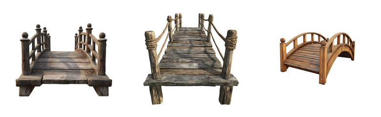 Obraz premium Old wooden decorative bridges in set of angles, cut out transparent