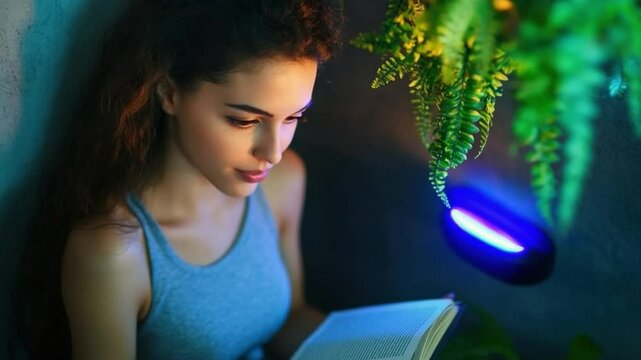 Quiet Contemplation: A serene woman engrossed in a book, illuminated by soft, ambient light and the subtle presence of lush greenery.