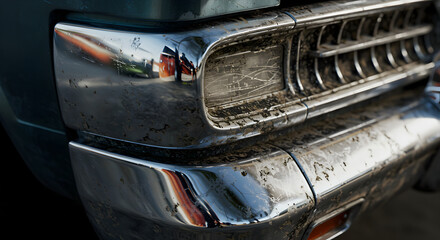 Close Up Shot Of The Front Of An Old Vintage Car With Rust