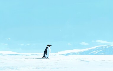 Obraz premium A solitary emperor penguin stands on the vast, icy expanse of Antarctica, surrounded by a serene, blue sky and distant snow-covered mountains, evoking a sense of isolation and beauty