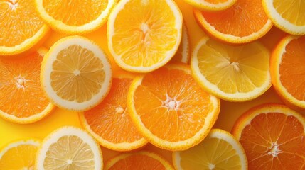 Fototapeta premium A bright yellow backdrop with slices of orange and lemon arranged artistically, emphasizing the freshness and vividness of the citrus fruits.