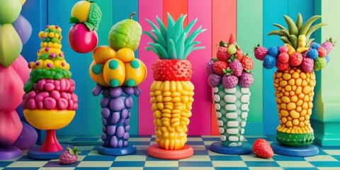 Fototapeta premium Colorful fruit sculptures arranged on a checkerboard surface.