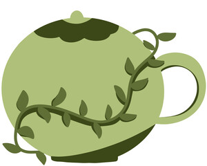 green tea pot with branch leaves suitable for tea product logo, element, sticker