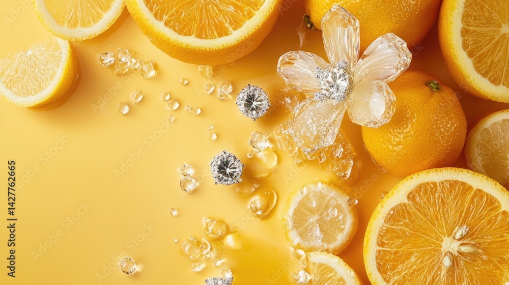 Poster a bright yellow backdrop with slices of orange and lemon arranged artistically, emphasizing the fres