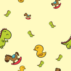 Seamless pattern with a cute dinosaur, baby shower greeting card. Animal seamless background, cute vector texture for kids' bedding, fabric, wallpaper, wrapping paper, textile, t-shirt print