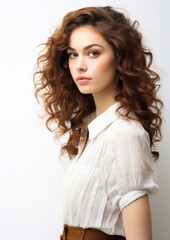 Fototapeta premium Brown Long Curly Hair Woman White Shirt Brown Belt Portrait