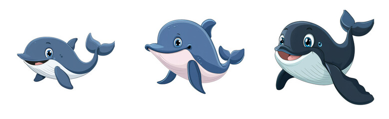 Happy playful dolphins cartoon characters, ocean creature, cut out transparent