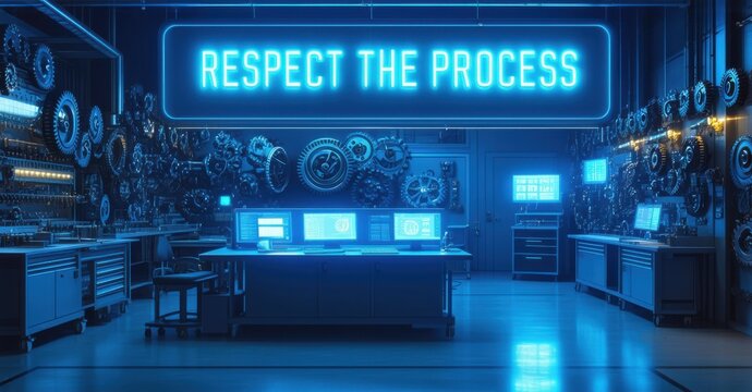Bright blue workshop interior. Multiple monitors display data. Gears cover walls. Neon sign reads RESPECT THE PROCESS. Modern workspace.