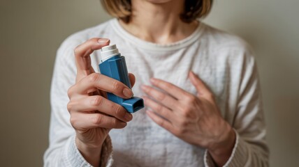 Woman Holding Asthma Inhaler with Hand on Chest Representing Treatment and Health Support