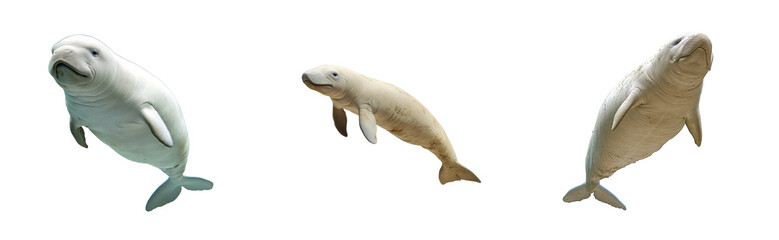 Fototapeta premium Three white beluga whales swim in the depths, cut out transparent