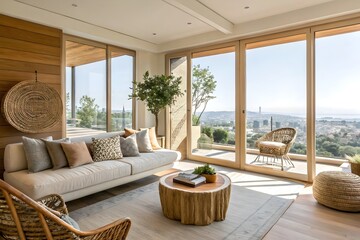 Naklejka premium Bright Airy Modern Living Space with City View and Organic Touch