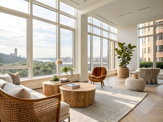Bright Airy Modern Living Space with City View and Organic Touch