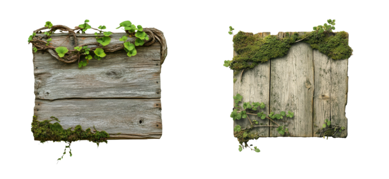 Rustic wooden signboards adorned with moss and greenery, cut out transparent
