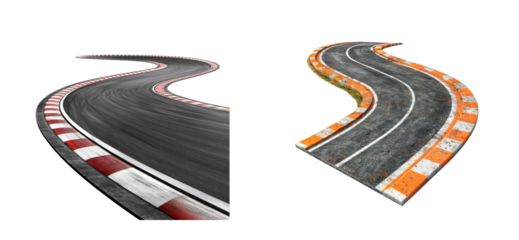 Race track winding road sections, asphalt curve, cut out transparent