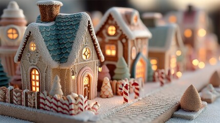 Miniature gingerbread houses arranged to resemble a village with snowy details.
