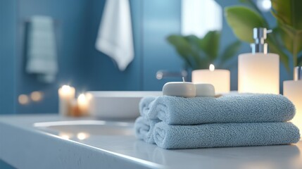 A serene bathroom scene with neatly folded aqua-colored towels