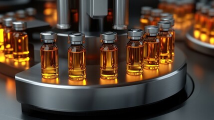pharmaceutical production line showcasing filled vials on a rotating platform highlighting automated medicine manufacturing processes and scientific advancements