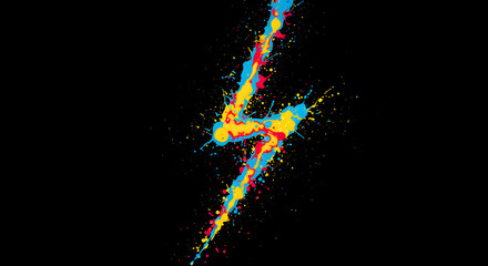 Obraz premium Splattered Lightning Bolt Symbol Against Black Backdrop in Vivid Colors