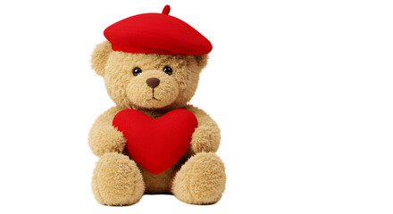 Adorable Teddy Bear in a Red Beret Holding a Heart transparent background