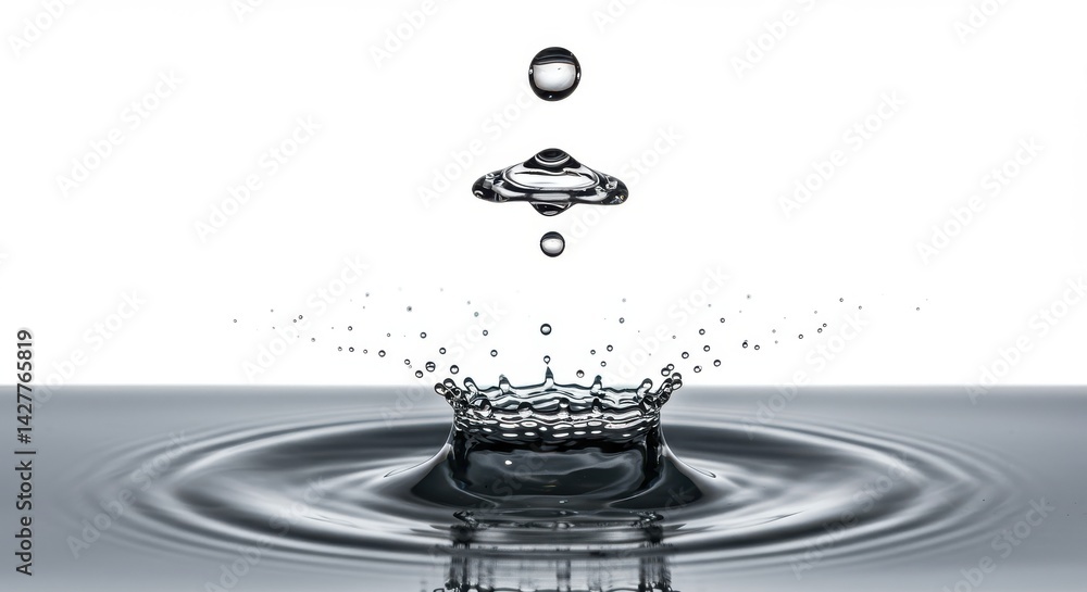 Poster a captivating shot of water droplets colliding creating a crown like splash on a reflective surface
