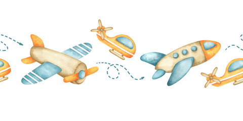 Seamless border of Colorful baby air transport, arrows and stars. Isolated watercolor background of kids aircrafts. Print for children goods design, textile, bed linen, wallpaper © Fedulova_art