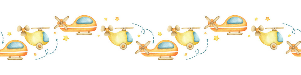 Seamless border of Colorful baby helicopters flying among arrows, clouds and stars. Isolated watercolor background of kids air transport. Print for children goods design, textile, bed linen, wallpaper