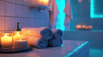A serene bathroom scene with neatly folded aqua-colored towels