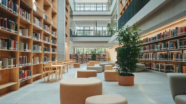 A large library with a lot of books and a potted plant. The atmosphere is calm and peaceful