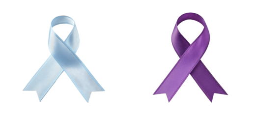 Light blue and purple awareness ribbons isolated on black, cut out transparent