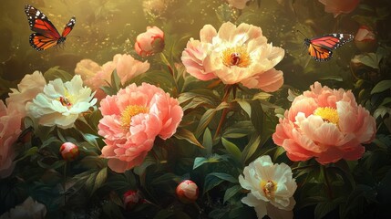 A vibrant arrangement of blooming pink and white peonies set against a dark background.
