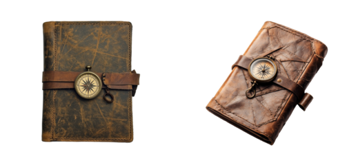 Aged leather notebooks with compasses, vintage style, cut out transparent