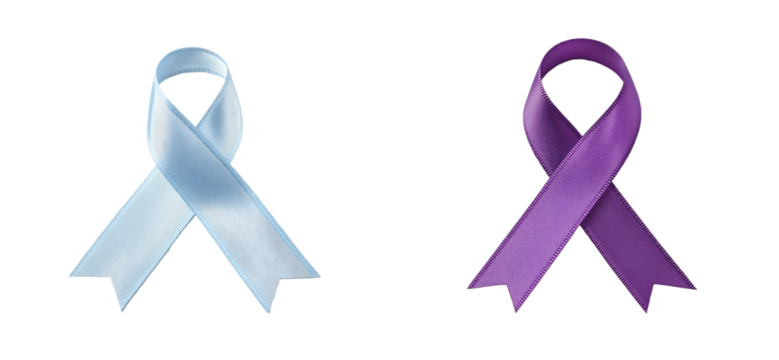 Light blue and purple awareness ribbons isolated on black, cut out transparent