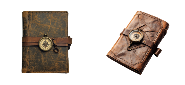 Aged leather notebooks with compasses, vintage style, cut out transparent