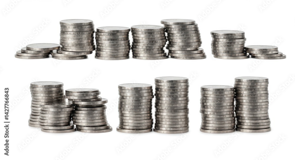 Poster stacks of silver coins arranged in two rows on a white background displaying financial growth concep