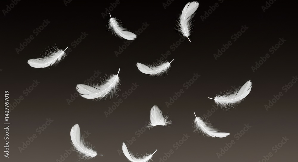 Poster A series of white feathers scattered and floating against a dark background in a random arrangement