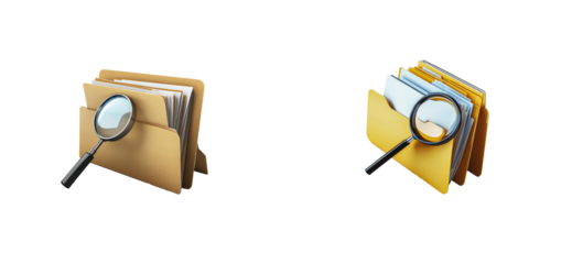 File folders and magnifying glass icons, organization, files, cut out transparent