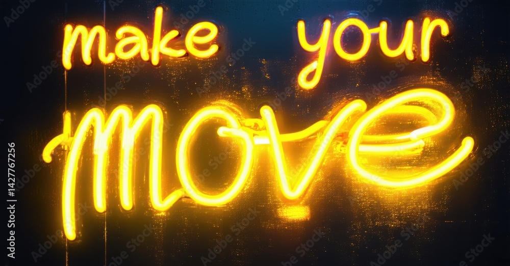 Poster bright neon sign displays text make your move. bold script glows against dark textured background. i