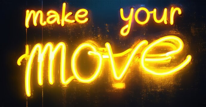 Bright neon sign displays text make your move. Bold script glows against dark textured background. Inspiring message.