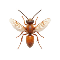 Fototapeta premium A close-up of a winged ant with translucent wings and a reddish-brown body. The ant is isolated against a white background and is captured from above with its wings spread.