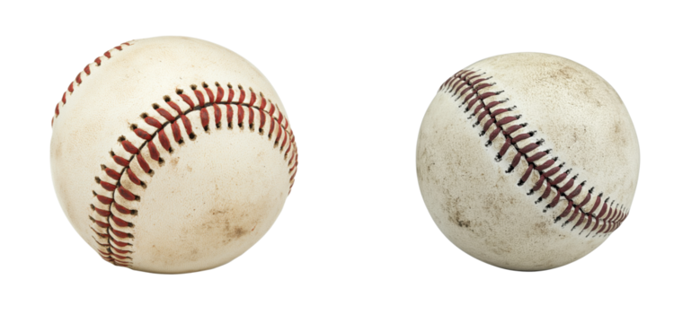 Two used baseballs with red stitches on a black background, cut out transparent
