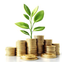 Money and Growth.  A sprout emerges from a stack of coins