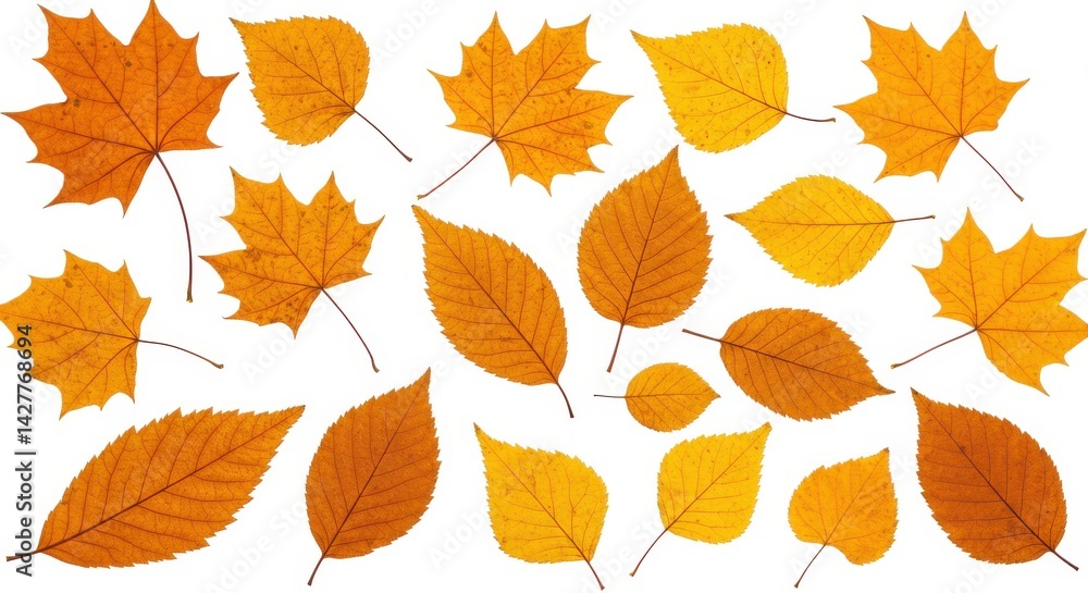 Poster arrangement of autumn leaves in various shapes and colors on a white background surface view