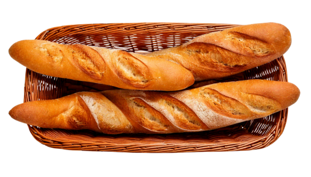 A wicker basket filled with four golden brown French baguettes, placed upright and arranged neatly, showcasing the crisp crust and signature diagonal slashes Png format