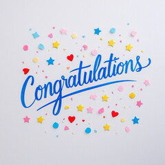A white card with the words Congratulations" written in flowing blue script, surrounded by colorful star and heart-shaped confetti.
