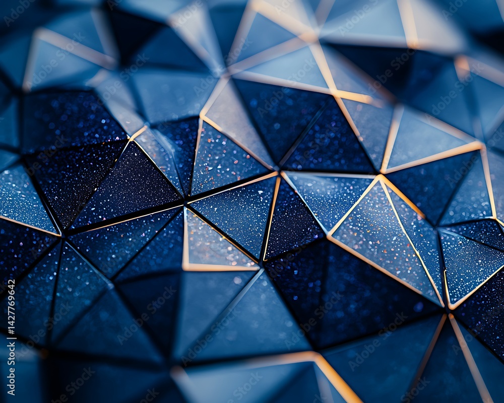 Poster abstract geometric pattern of dark blue and gold triangles. a close-up view showcases the intricate 