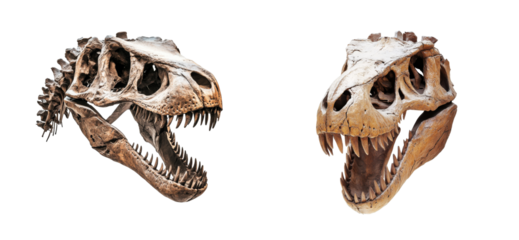 Two Dinosaur Skull Fossils Facing Opposite Directions, cut out transparent